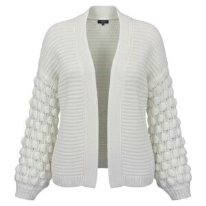 KAARI blue Womens White Chunky Knit Bobble Sleeve‎ Cardigan Sweater Size L